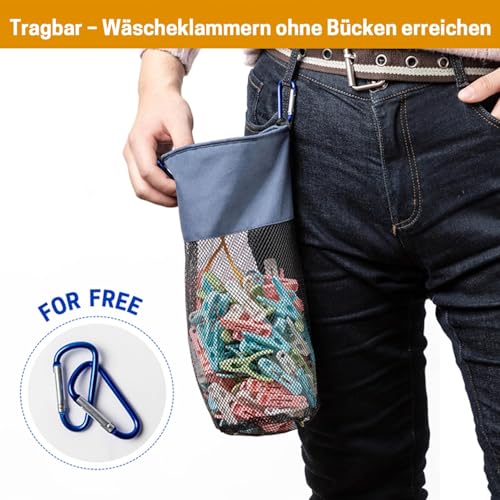 GNEGNI LIFE Wäscheklammerbeutel Aufhängen mit Haken,für bis zu 100 Wäscheklammern, Schnell trocknendes Tasche für Indoor Outdoor Pegs Organizer(Blau)