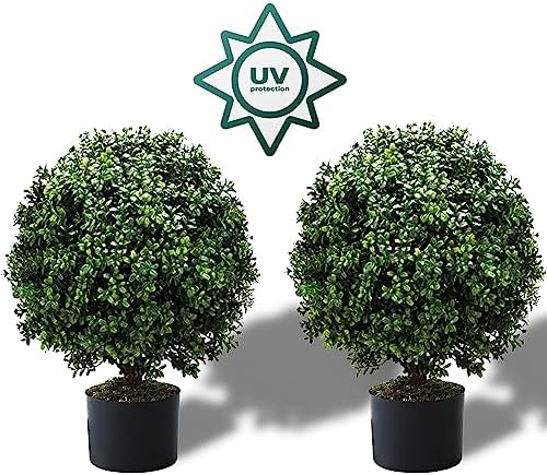 24''T Artificial Boxwood Ball Topiary Tree, Set of 2 -Pre-Potted Artificial Bushes UV Resistant, Artificial topiariy Trees for Outdoor or Indoor