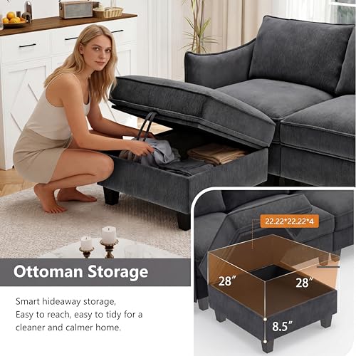 Image of Ihanherry 112 inch Modular U-Shaped Sectional Sofa, Modern 6-Seat Cloud Couch with 2 Storage Ottomans, Comfy Chenille Convertible Furniture Set for Living Room, Apartment, Easy Assembly, Black