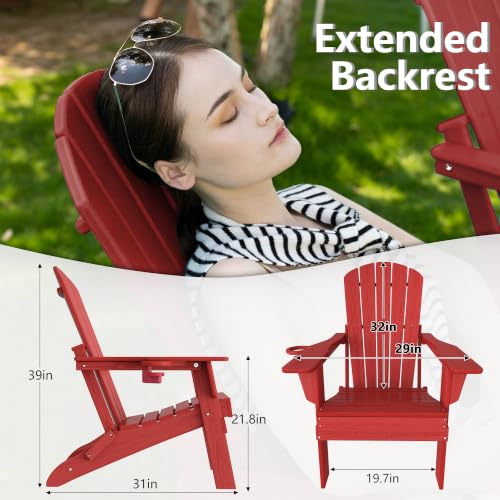 Image of Plawdlik Folding Adirondack Chair with Cup Holder, Red | SGS Tested, Wooden Textured , Heavy All-Weather HDPE Outdoor chairs for patio Backyard Lawn