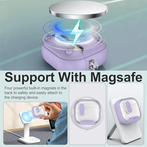 Image of Aircawin for Airpods 4 Case Clear,Secure Lock for Airpods 4th Generation Case Cover with Phone Stand and Magsafe Function,Auto Pop-up,Hybrid Protection Design with Carabiner&Cleaning Pen-Purple