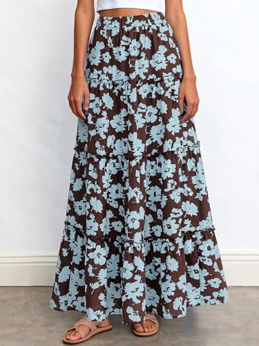 BTFBM Floral Maxi Skirts for Women Summer Spring 2026 Elastic Waist Tiered Flowy Beach Vacation Outfits Boho Long Skirt(Floral Brown Light Blue, Small) — view 5