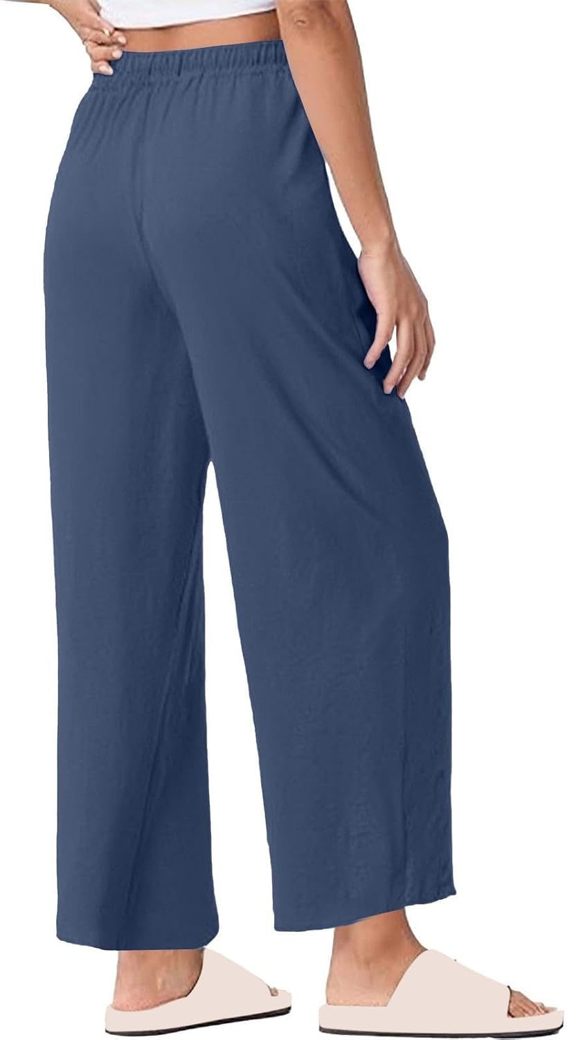 Women Cotton Linen Palazzo Pants Summer Fall Boho Wide Leg High Waist Drawstring Casual Pant Travel Baggy Pants