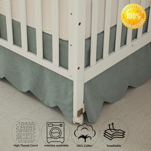 Image of Brandream Scallop Edge Organic Cotton Crib Skirt, Baby Boy, Baby Girl, Gender Neutral Crib Skirt Toddler Bedskirt Farmhouse Chic Nursery Crib Bed Skirt, Boho Bohemian Solid Sage Green Skirt