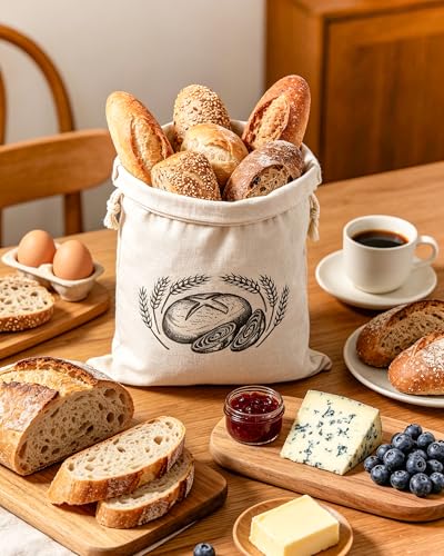 Foto von Huglux Brotbeutel Leinen 2 Stück,Brotbeutel Aufbewahrung Frischhalten, 30x40cm Wiederverwendbar Brotsack, Brottasche mit Kordelzug,Brottüten für Brot & Gebäck,Sauerteigbrot