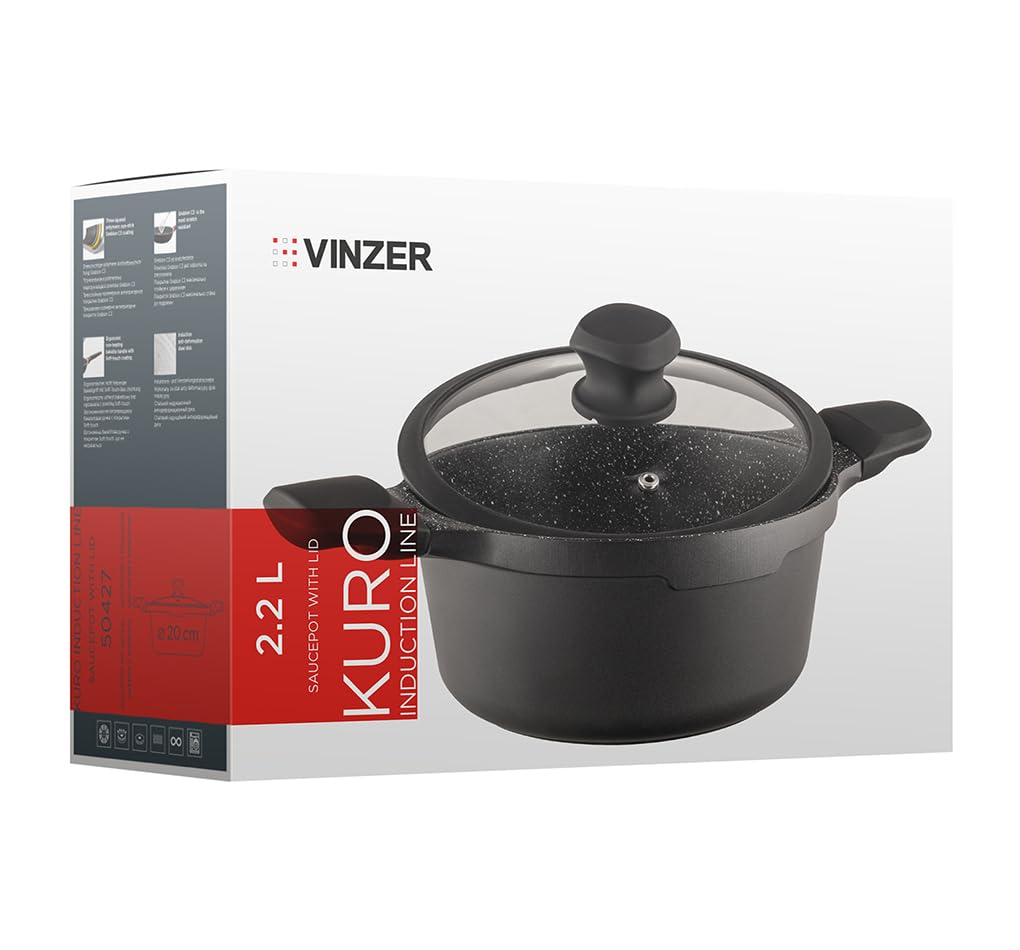 VINZER Kuro Induction Line garnek do gotowania 2,2 l ze szklaną pokrywką, powłoka nieprzywierająca GREBLON C3, Ø 20 cm – gotowanie prawie bez tłuszczu (50427)