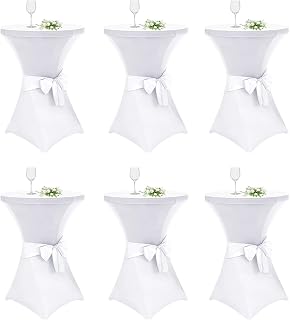 Alishomtll Juego de 6 fundas elásticas para mesa alta con lazo, diámetro de 80 cm, elegantes fundas elásticas para mesa de bistró, mesas altas, banquetes o bodas (diámetro 80 x 110 cm, color blanco)