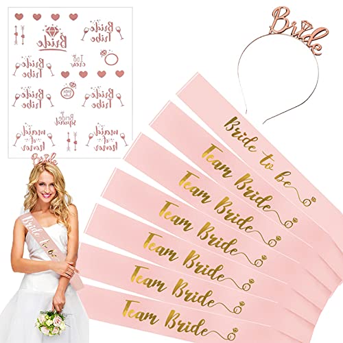 Bride to Be, Hen Party Decoration, EVJF Accessoire, Décorations de Poule de Mariage, 9 Pièces Comprennent un Bandeau Mariée Diadème, Ceinture, Tatouages, pour Mariage, Douche Nuptiale (Or Rose) Cover