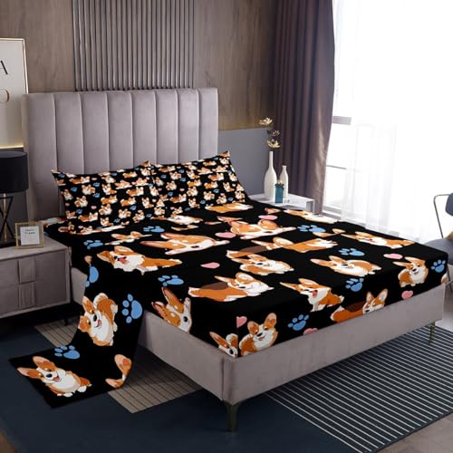 Feelyou Corgi Bed Sheets Cute Dog Pattern Sheet Set for Kids Boys Girls Cartoon Corgi Bed Set Kawaii Animal Thmeme Bedding Sheets 1 Bed Sheets with 2 Pillowcases Full Size