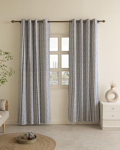 Image of THE LINEN COMPANY Cotton Room Darkening, Light Blocking Curtain 7.5 feet with Eyelet Rings 2 Pcs Set for Living Room, Dining Hall, Hotel, Farm House (4.5 ft x 7.5 ft, Bohemia Blue)