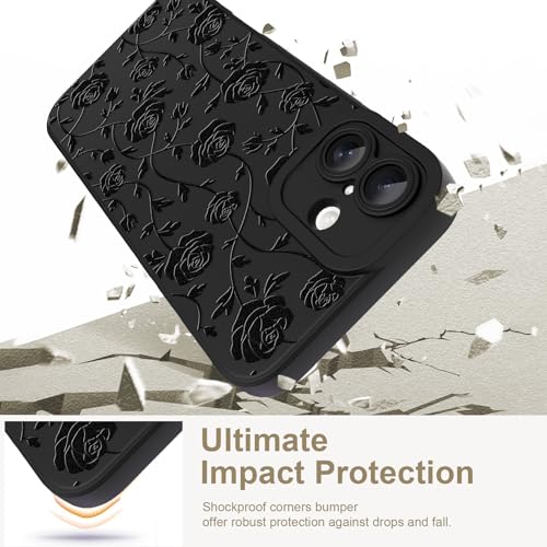 Image of Designed for iPhone 16 Case, Cute Rose Flower Floral Pattern Design, Slim Soft TPU Liquid Silicone Protective Cover for Women Girls - Black