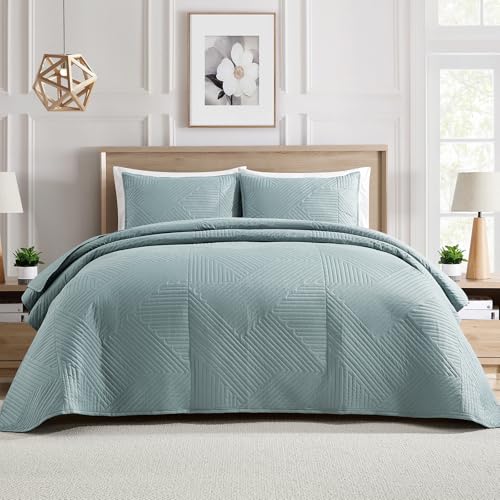 KASYLAN Quilt Set 3 Pieces - Soft Lightweight Quilts Bedspreads Coverlet with Geometry Pattern, Reversible Bed Cover for All Seasons - Aqua Bedspreads Queen Size by KASYLAN - Used condition - CA$38.73