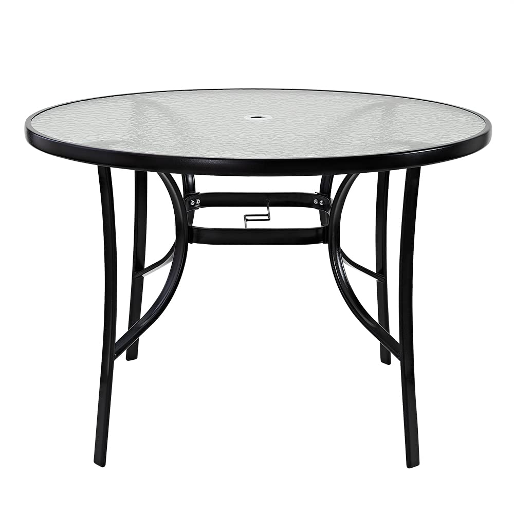 Panana 105cm Round Garden Dining Coffee Table with Parasol Hole, Outdoor Dining Table with Tempered Glass Tabletop and Metal Frame for Conservatory, Patio, Balcony