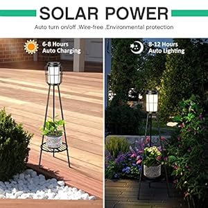2 Pack Solar Lights Outdoor with Plant Stands Solar Floor Lamp Solar Powered Street Lights Metal Tripod Deck Lights Patio Decor for Garden Yard Pathway Driveway Porch