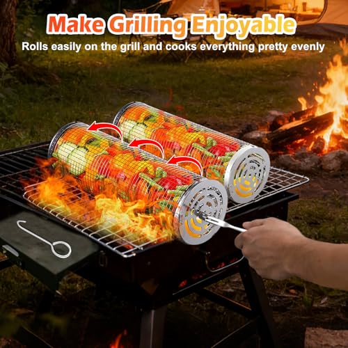 Rolling Grill Basket 2PCS, 304 Stainless Steel BBQ Grill Baskets with Removable Wooden Handles, Nesting Grilling Basket for Shrimp Meat Fish, Dishwasher Safe BBQ Set for Camping, Gifts for Men Dad by Beetast - Image 4