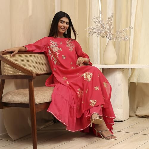 Image of Biba Women's Poly Chanderi 3 /4 Sleeves Calf Length Round Neck A-Line Casual Dress