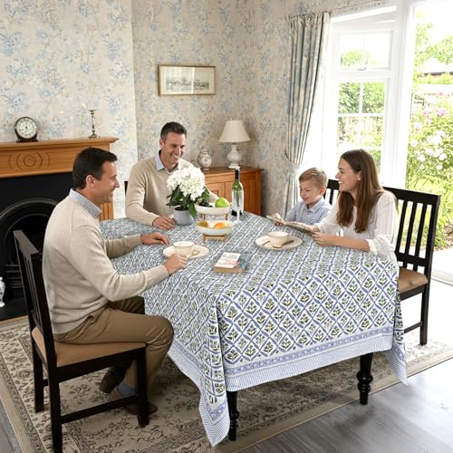 Ridhi Light Steel Blue Hand Block Print Cotton Rectangle Tablecloth 120" x 80" inches Reusable Table Cover Decorative Everyday Use for Dining Room, Farmhouse, Home Gift for Spring, Mother's Day by Ridhi - Image 3