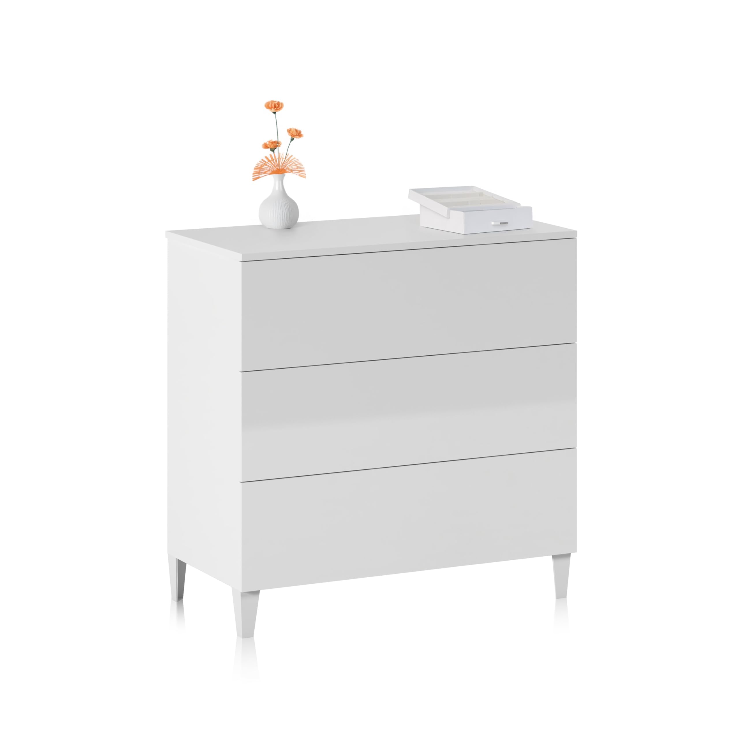 duehome | Comoda 3 Cajones, Dormitorio, Modelo Plex, Acabado en Color Blanco Brillo, Medidas: 80 cm (Ancho) x 76 cm (Alto) x 40 cm (Fondo)