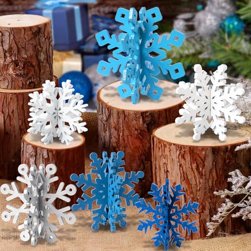 OuMuaMua 6 Set Snowflake Christmas Table Decorations - 12pcs Blue White Glitter Wooden 3D Snowflake Decor Tabletop Centerpiece for Christmas Party Supplies Home Decor