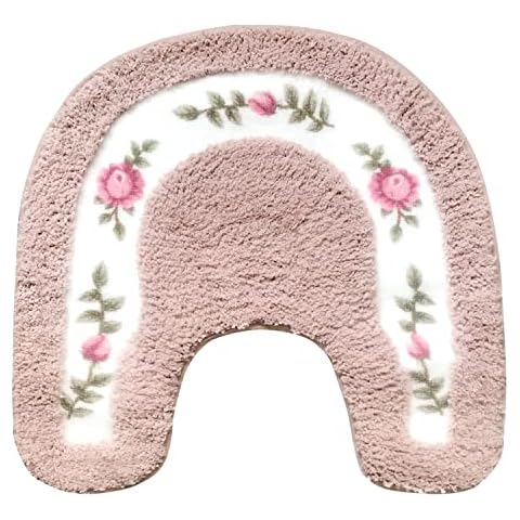 BIKHYY Rose Flower Rugs Soft Shaggy Non Slip Bathroom Rugs U-Shaped Floral Toilet Bath Shower Mat Kitchen Mat Door Mat Rug 50x50cm, Pink Cover