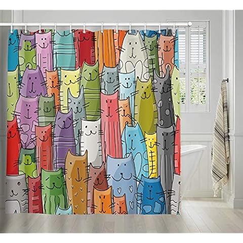 Cartoon cat Shower Curtain, Funny animals Kitten Decor for Kids, Superior Mildew waterproof Resistant Fabric Fashion Lady Bathroom Decorations, Bath Curtains Hooks Included, 69X70 inches Cover