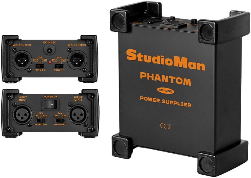 StudioMan PS200 Professional 2-Channel Phantom Power Supply, Black, Dual XLR Input/Output, 12V/24V/48V Switchable Power