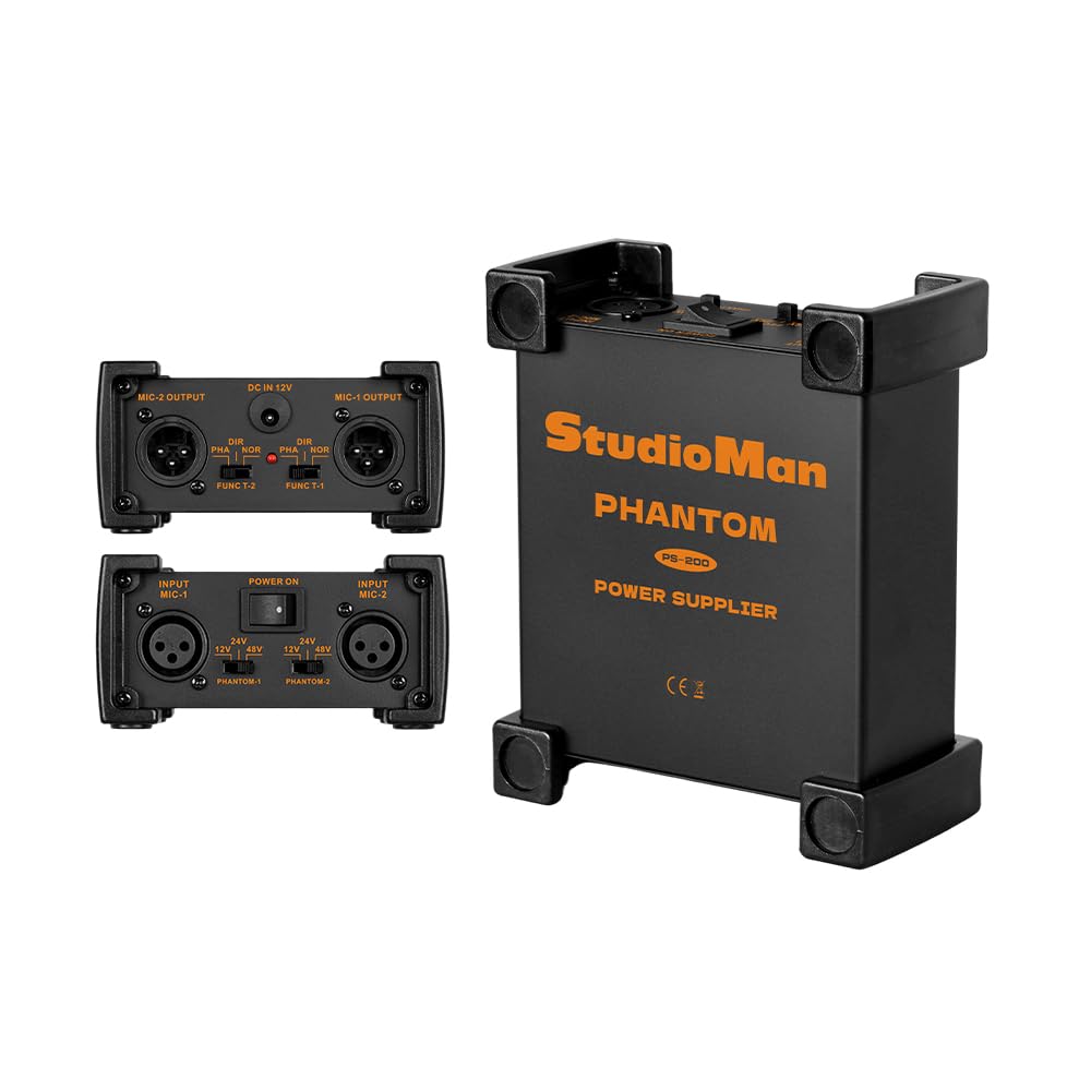 Studioman PS200 - Fuente de alimentación Phantom profesional de 2 canales, negro, entrada/salida XLR doble, alimentación conmutable de 12 V/24 V/48 V