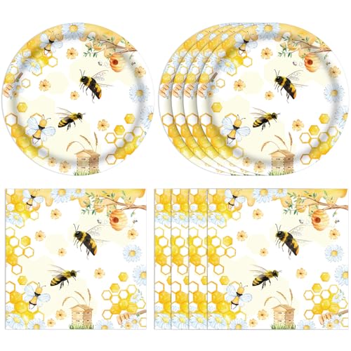 40Pcs Bee Birthday Party Decorations Bee Paper Plates and Napkins Cute Bumblebee Daisy Honeycomb Themed Tableware Set,for Honey Baby Shower Kids Boys Girls Birthday Gender Reveal Decorations,Serves 20
