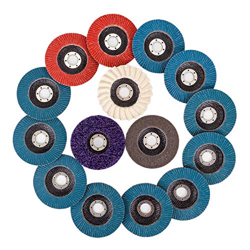 15pcs Multifunction Flap Discs & Grinding Polishing Discs Set with 4.5 x 7/8 40/60/80/120 Assorted Grits Flap Sanding Disc Strip Disc Nylon Disc and Felt Polishing Flap Disc for Angle Grinder