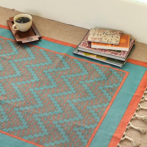 Image of Peepul Tree Handmade Pure Cotton Rug for Living Room | Multipurpose Carpet for Hall, Bed Room and Corridor | Floor Rugs | Sustainable Dhurrie Rugs | 3x5ft | Teal and Coral | Chintz Collection