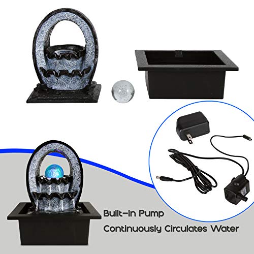 Electric Tabletop Water Fountain Decoration - 2-Tier Indoor Outdoor Portable Desktop Decorative Waterfall Kit w/LED Illuminated Crystal Ball Accent, Include Submersible Pump, 12V Adapter - SereneLife - Thumbnail 3