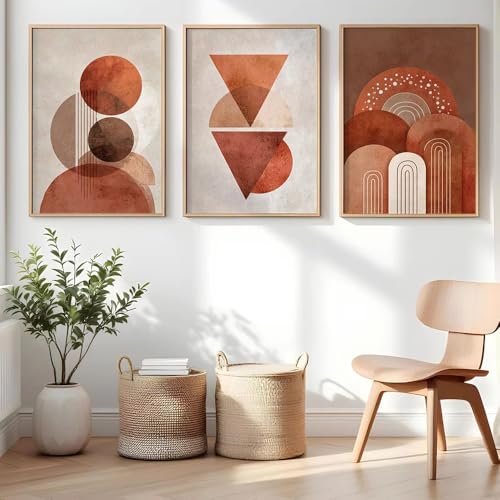 Tableau géométrique bohème terracotta pour salon moderne cosy | 3 toiles 50x70