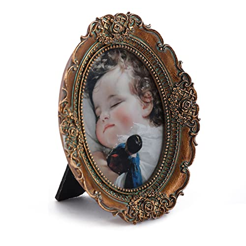 Vinlife Vintage Picture Frames 2.5X3.5 Oval Frame Wallet Size Picture Frames Small Picture Frame Antique Brass Mini Picture Frames Photo Gallery Wall Mount And Tabletop Easel With Embossed Floral,Bronze Gold #TOP4