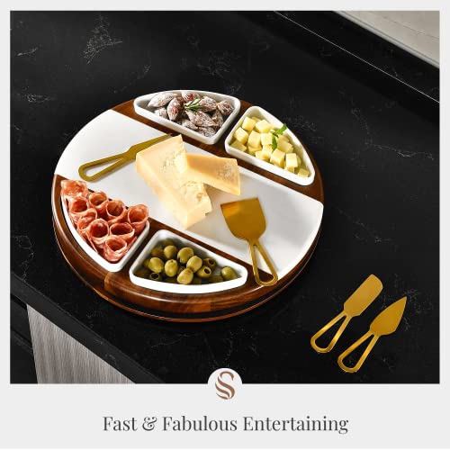 Shanik Upgraded Lazy Susan Marble Cheese Cutting Board Set, Round Acacia Charcuterie Board, Cheese Serving Platter With 4 Ceramic Bowls And Craft - Gift For Any Occasion (Without Engraving) #TOP2