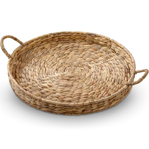 Yiyiring Round Woven Hyacinth Serving Tray with Handles Rattan Decorative Storage Basket for Fruit Arts Crafts Breakfast Coffee Table Dining, 1.97 x 21.65 Inches