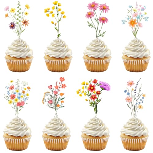 40PCS Wildflower Cupcake Toppers Decorations, Wildflower Baby in Bloom Baby Shower Cake Decorations for Girls Women, Garden Floral Fairy Party Décor