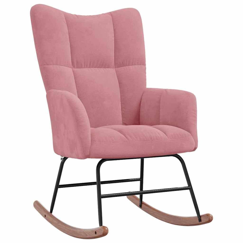 Schaukelstuhl mit Polsterung Rosa, Samtbezug mit Quadraten-Design, Relaxstuhl mit Dicker Schaumstoffpolsterung, Stahlgestell und Holzkufen, maximale Belastung 110 kg