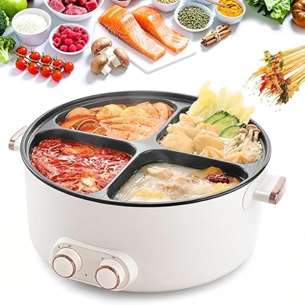 6L Czteropłytowy Elektryczny Garnek Gulaszowy, 2000W Zintegrowany Wielofunkcyjny Garnek z Podwójną Niezależną Kontrolą Temperatury (500W–1000W) Chiński Kuchenka Shabu Shabu do Domu i Akademika