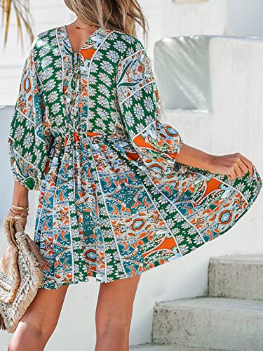 CUPSHE Women Casual Boho Sundress Summer Floral Print Tie Front Dress 3/4 Sleeves Paisley Beach Mini Dresses2