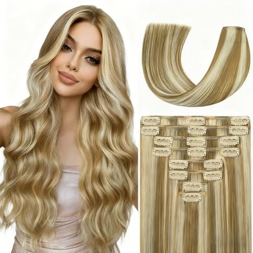 ZNXDJXE Blonde Clip in Hair Extensions Real Human Hair, 14