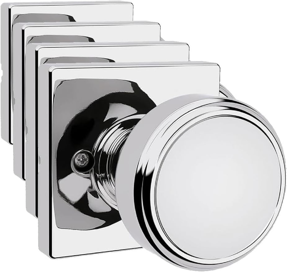 Kwikset Maven Interior Passage Door Knob, Square Handle for Closet and Hallway Doors, Non-Locking Doorknob in Polished Chrome, with Microban Protection (Pack of 4)