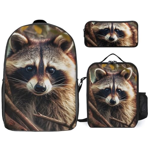 3 Piece Backpack for Women Men Lightweight Causal Daypack Shoulder Bag Set with Insulated Lunch Bag And Pencil Case Organizers Raccoon on Tree