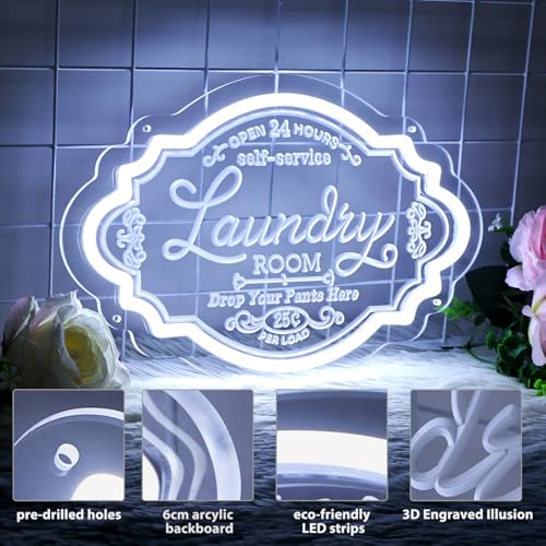 Image of The Laundry Room Neon Sign, USB Powered Laundry Room LED Neon Light, Dimmable Light Up Laundry Sign Acrylic Wall Decor Hanging Door For Home Business Laundry room, Bathroom, Farmhouse Decoration