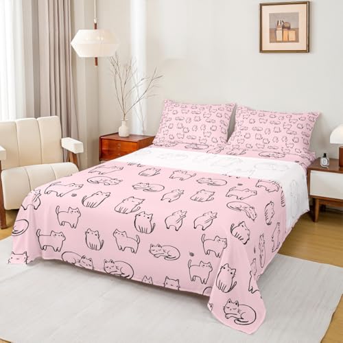 Image of Cute Cat Bed Sheet Set Twin Size,Kawaii Cats Pet Animals Sheet Set Kids Teens,Kitten Silhouette Pink Bedding Decor Set with 1 Flat & 1 Fitted Sheet with 1 Pillow Sham