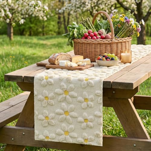 Artoid Mode Beige Soft Plush Faux Fur Jacquard Embroidery Daisy Spring Table Runner, Kitchen Dining Table Decoration for Home Party Decor 13x90 Inch by Artoid Mode - Image 6