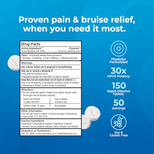 Image of VitaMedica Arnica Montana 30X Homeopathic Tablets for Bruising Pain and Swelling | Plant Based Formula | Recommended by Plastic Surgeons | Natural Recovery Surgery Or Injury | 2 Pack | 100 Servings