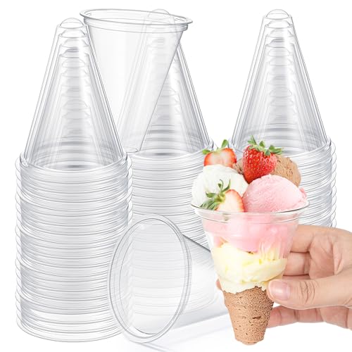 Roshtia 100 Pcs Plastic Cone Cups Disposable Ice Shaved Cups Snow Cone Leak Proof Water Cooler Slushies Dispenser for Summer Events Party Syrup or Juice Quick Hydration Transparent 4 oz