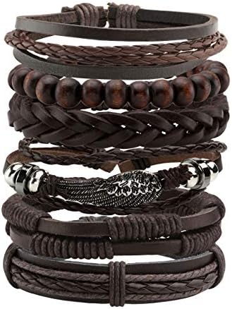 Manfnee 6PCS Braided Faux Leather Bracelet Punk Cuff Wrap Bracelets for Men Women Adjustable Brown