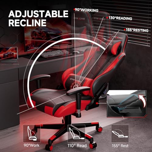 GTRACING Gaming Chair with Reclining Backrest, Adjustable Height and Swivel Base, Ergonomic Computer Chair with Headrest and Lumbar Support (Red) - Thumbnail 4