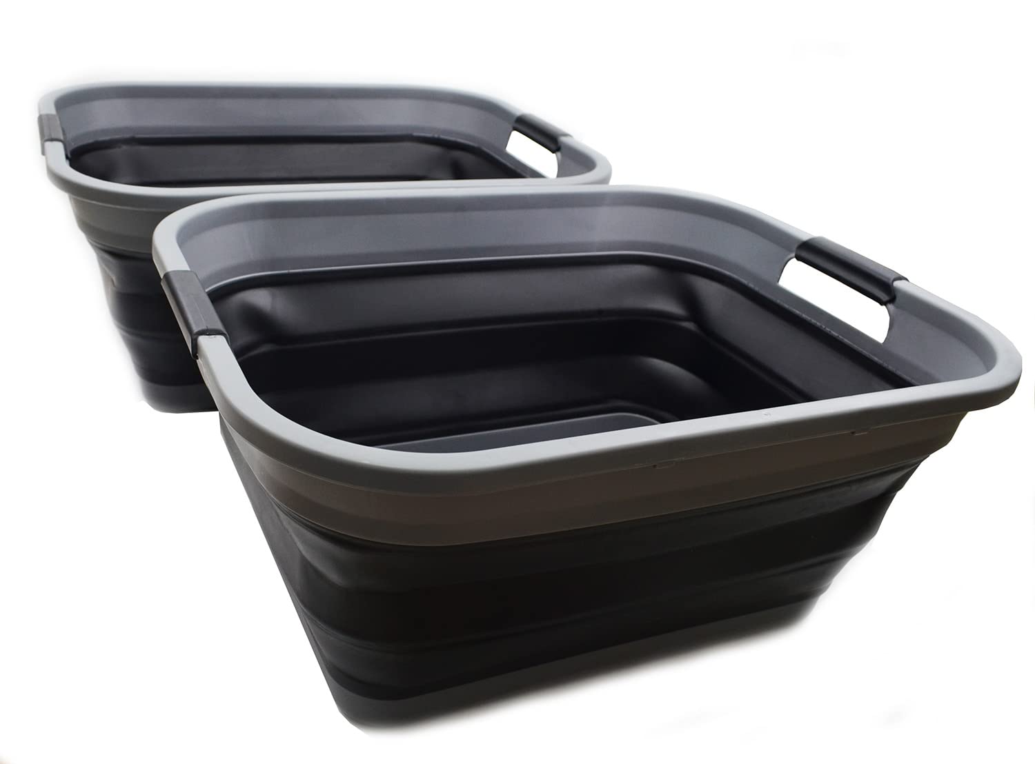 SAMMART 41L Collapsible Plastic Laundry Basket - Foldable Pop Up Storage Container/Organizer - Space Saving Hamper/Basket, Water capacity: 32L (Grey/Black (Set of 2))